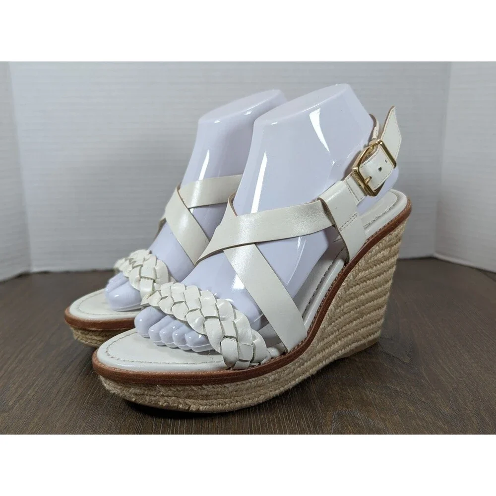 Antonio Melani Strappy Braided Raffia Wedges Sandals Women's 6 White Leather